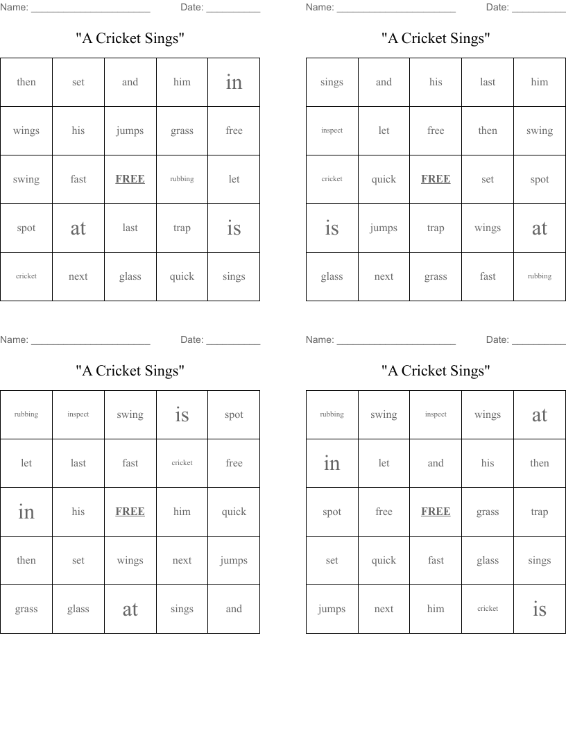 "A Cricket Sings" Bingo Cards