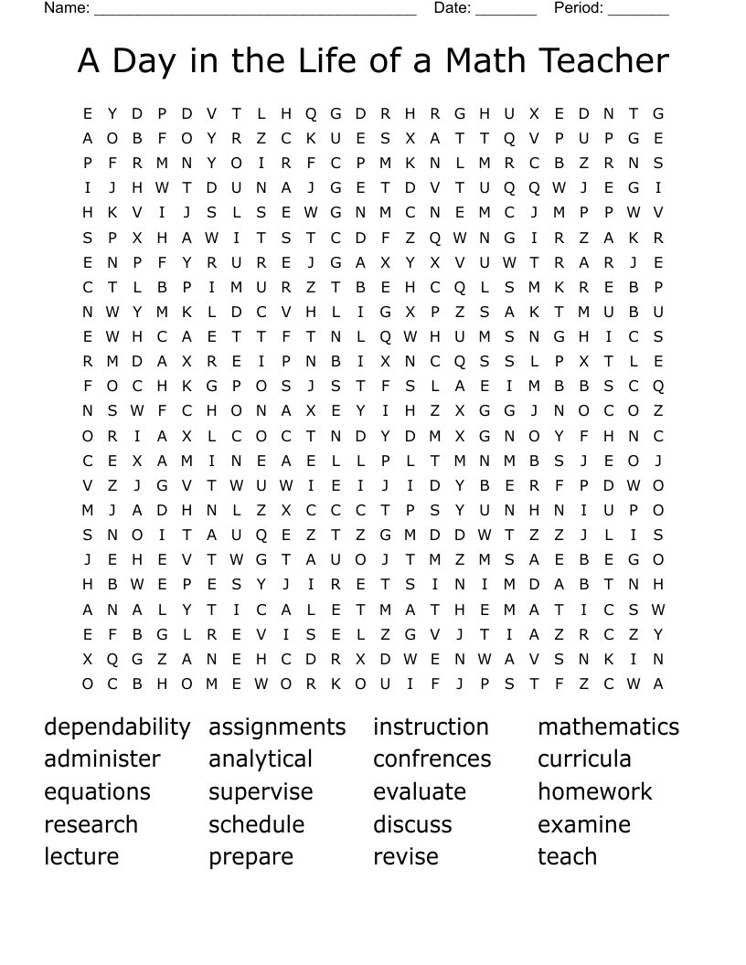 A Day in the Life of a Math Teacher Word Search