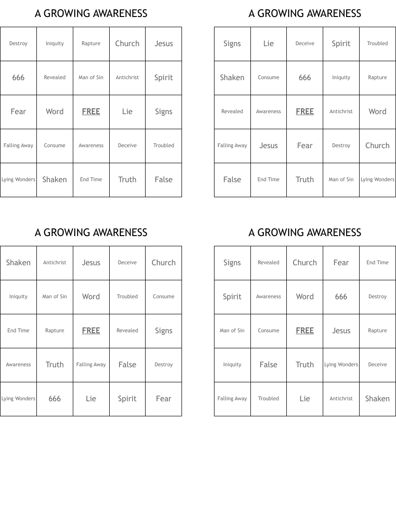 A GROWING AWARENESS Bingo Cards