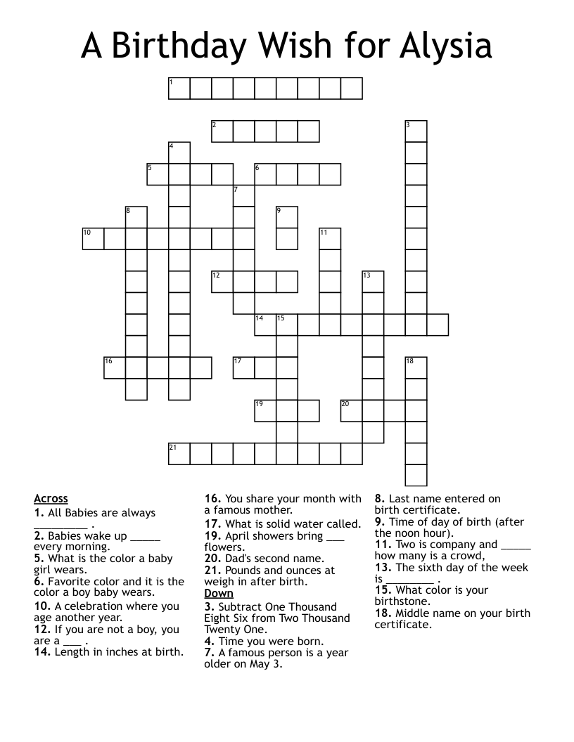A Birthday Wish for Alysia Crossword