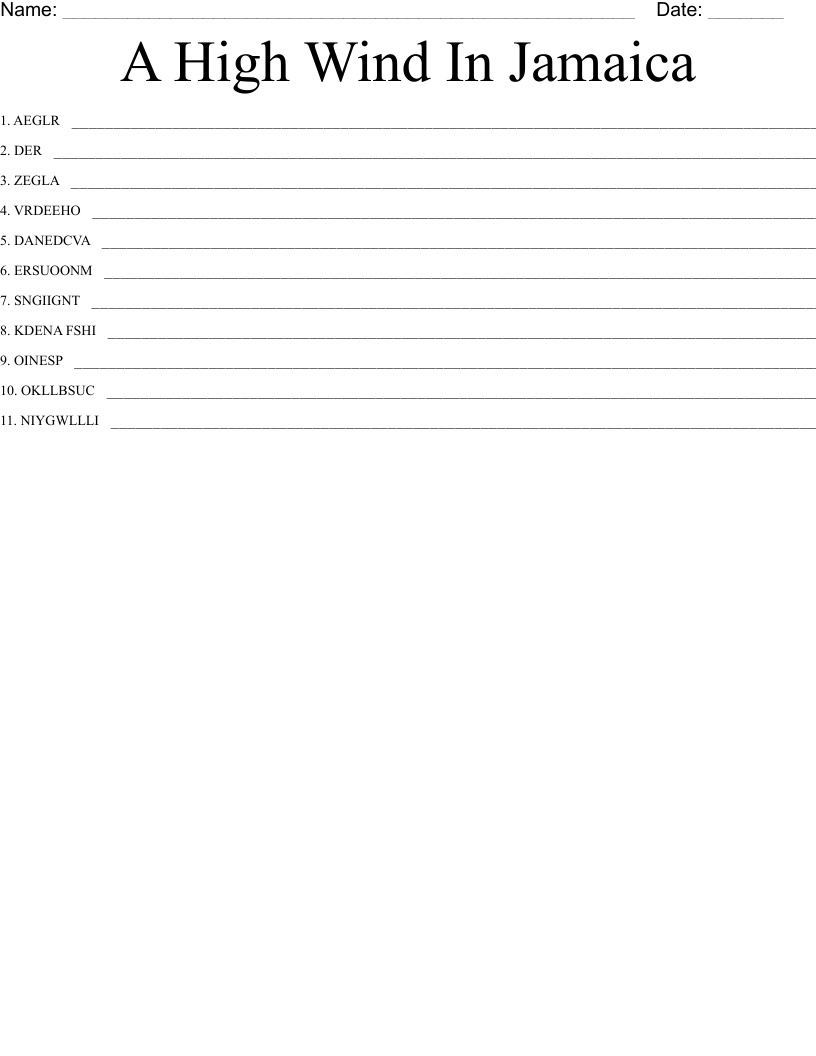 A High Wind In Jamaica Word Scramble