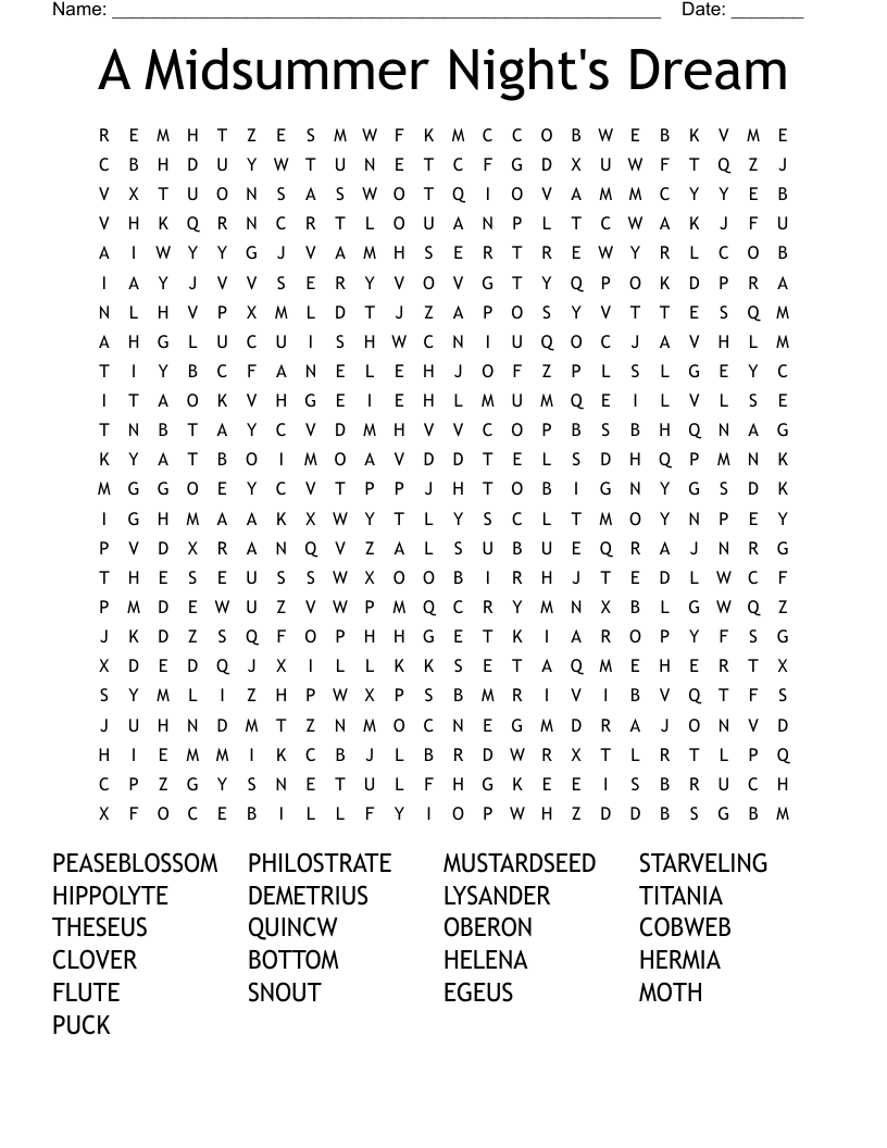 A Midsummer Night's Dream Word Search