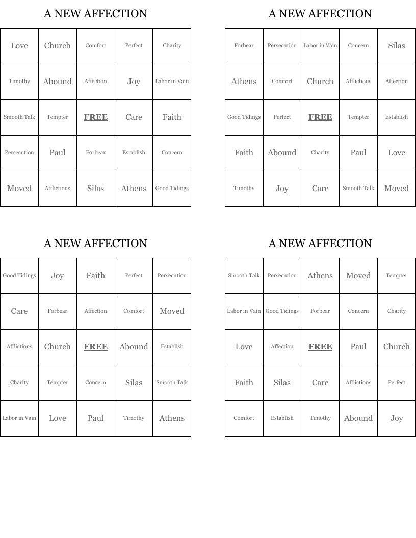 A NEW AFFECTION Bingo Cards