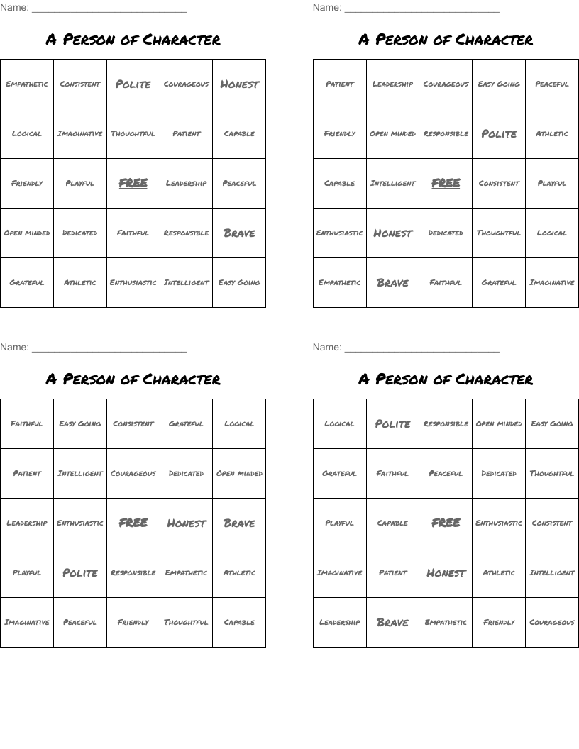 A Person of Character Bingo Cards