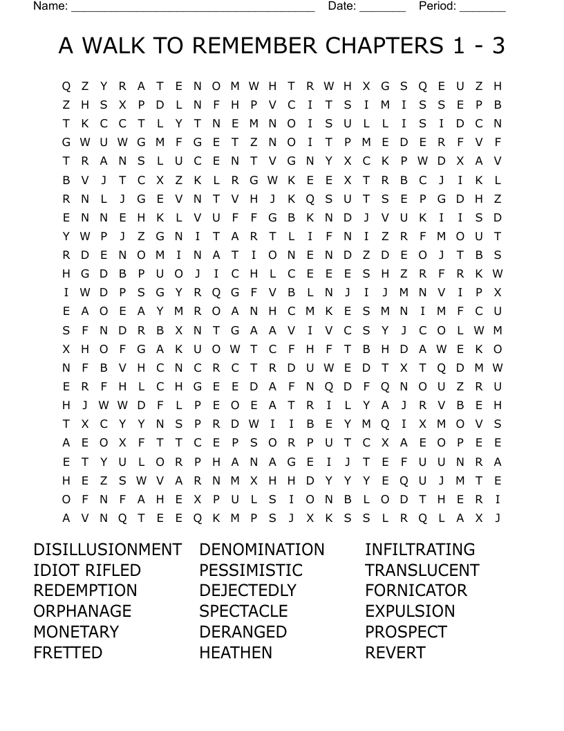 A WALK TO REMEMBER CHAPTERS 1 - 3 Word Search