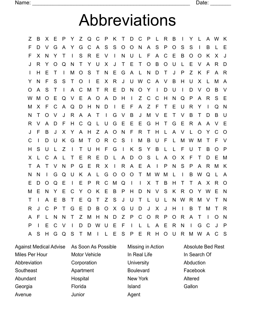 Abbreviations Word Search