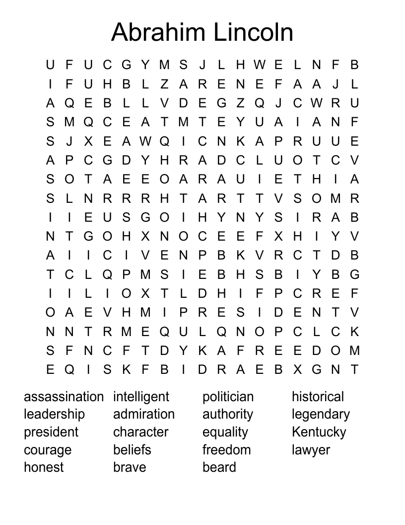 Abrahim Lincoln Word Search