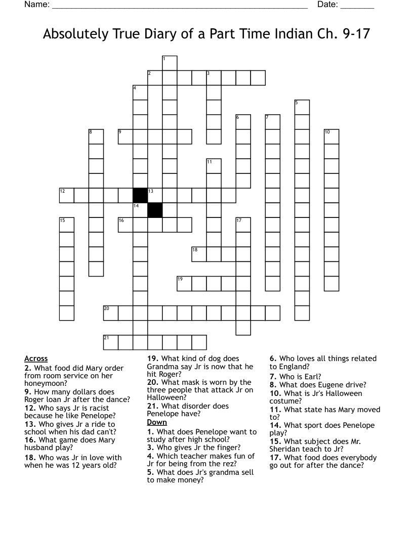 Absolutely True Diary of a Part Time Indian Ch. 9-17 Crossword - WordMint