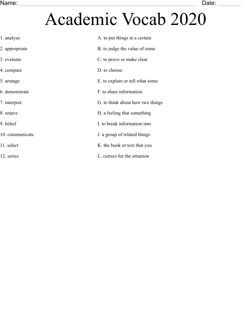 Academic Vocab 2020 Worksheet