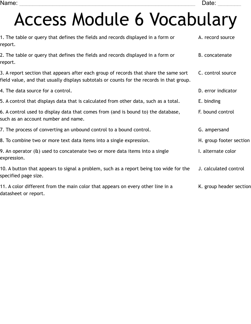 Access Module 6 Vocabulary Worksheet