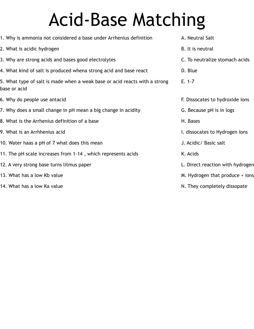Acid-Base Matching Worksheet - WordMint