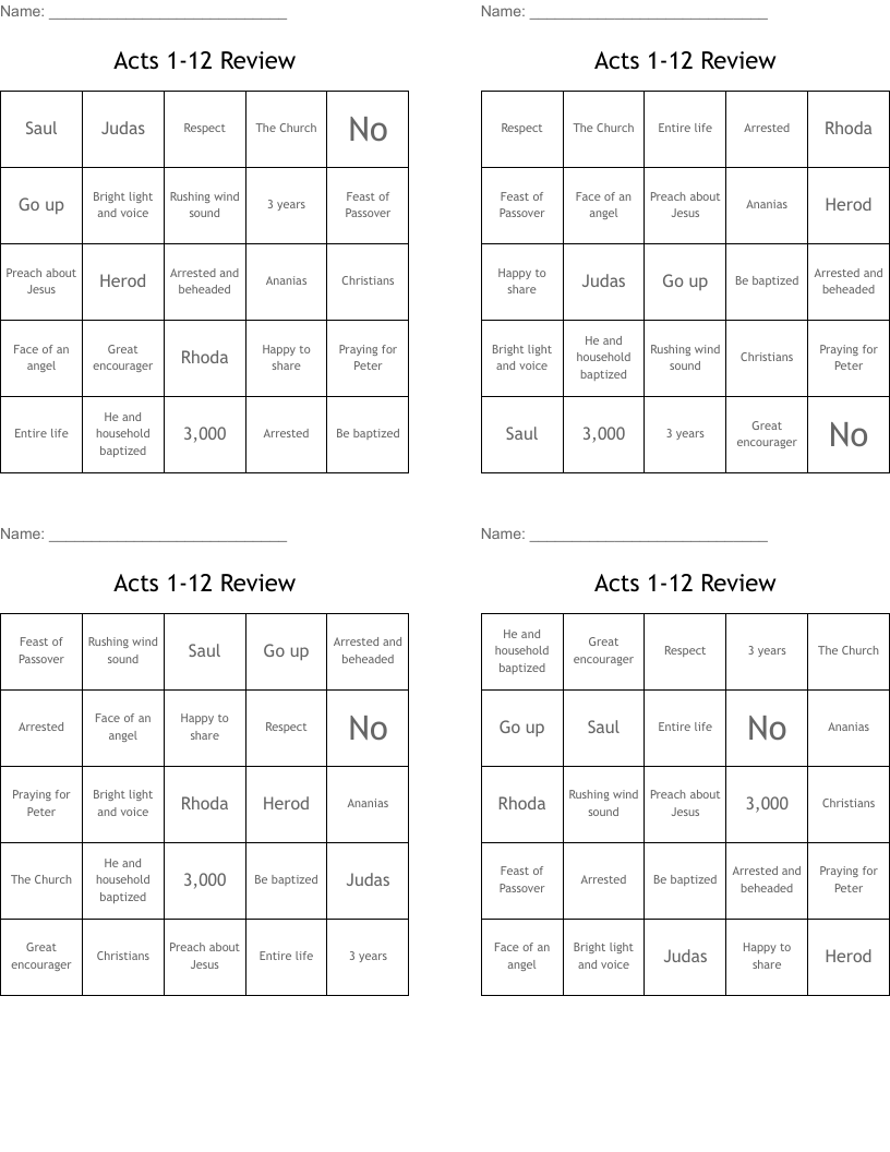 Acts 1-12 Review Bingo Cards