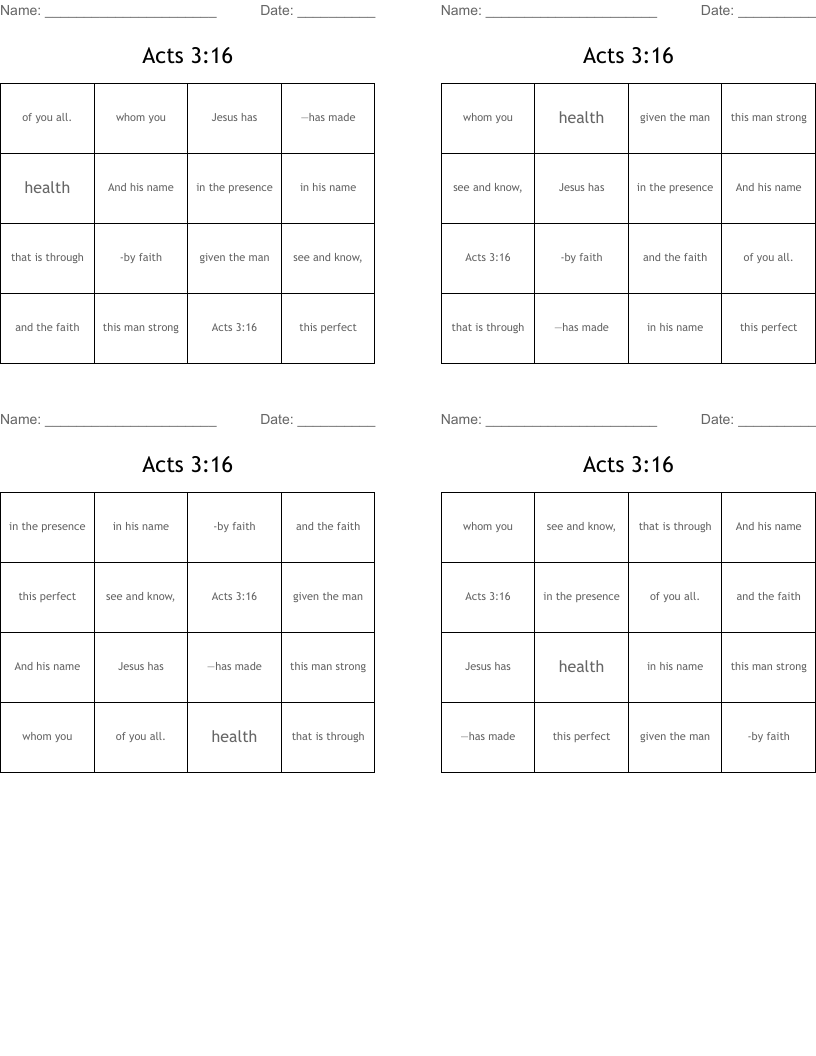 Acts 3:16 Bingo Cards