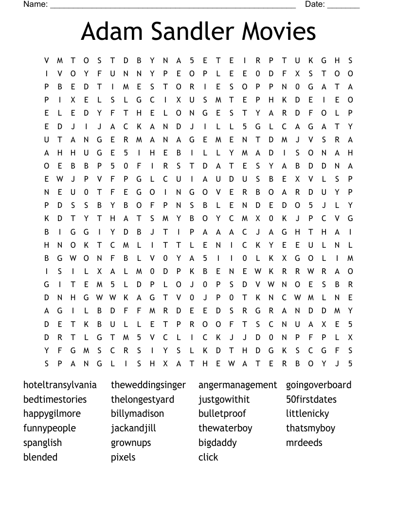 Adam Sandler Movies Word Search WordMint