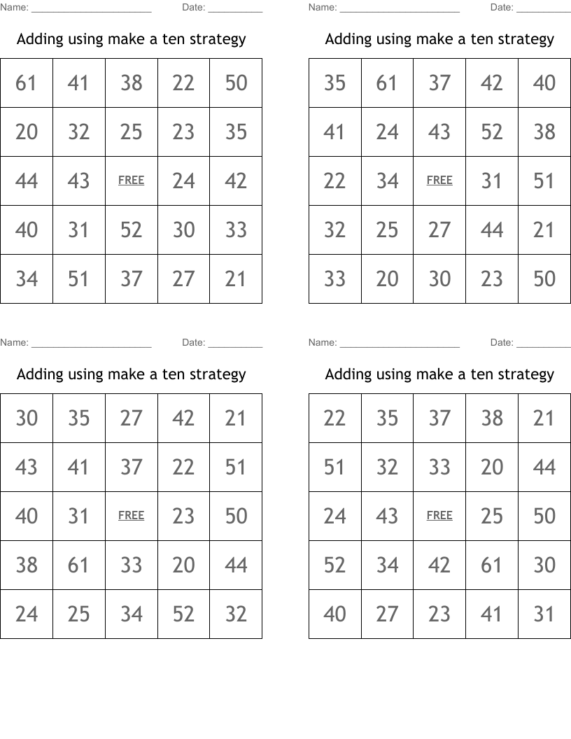 Adding using make a ten strategy Bingo Cards WordMint