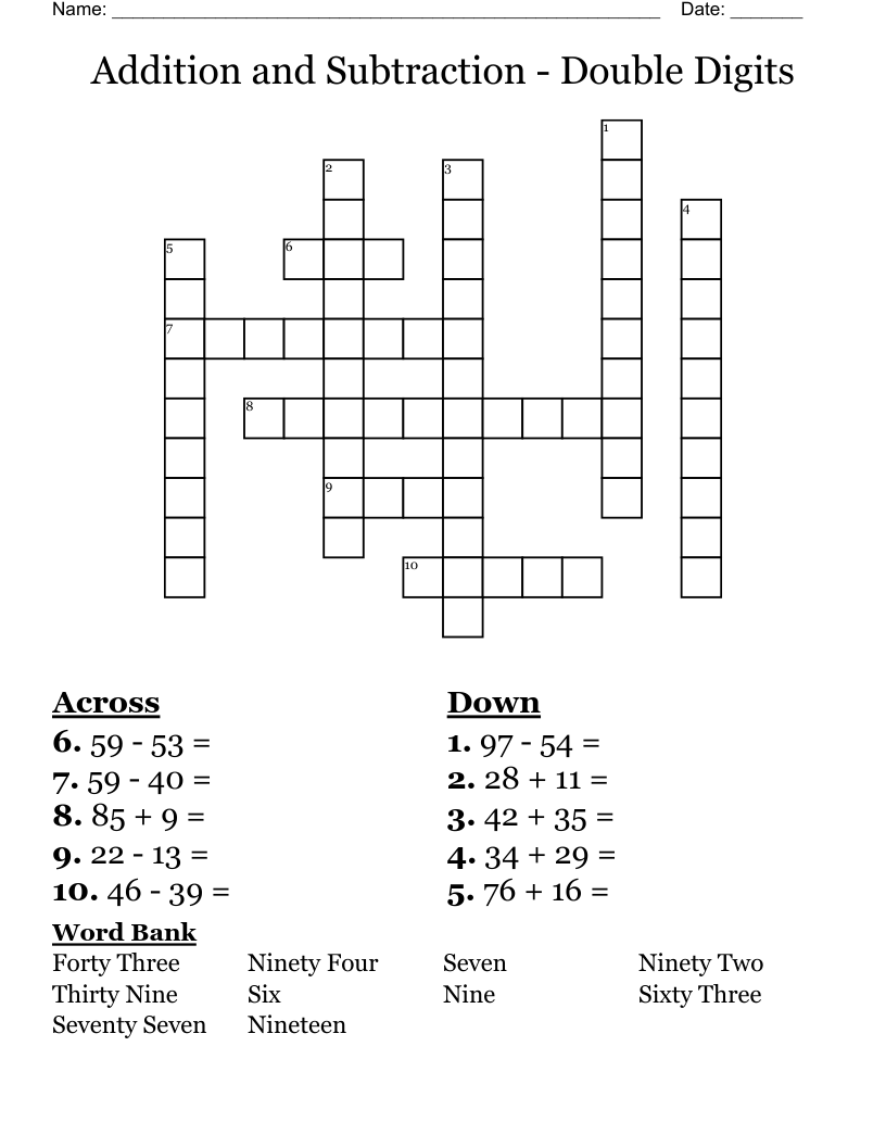 Addition and Subtraction - Double Digits Crossword