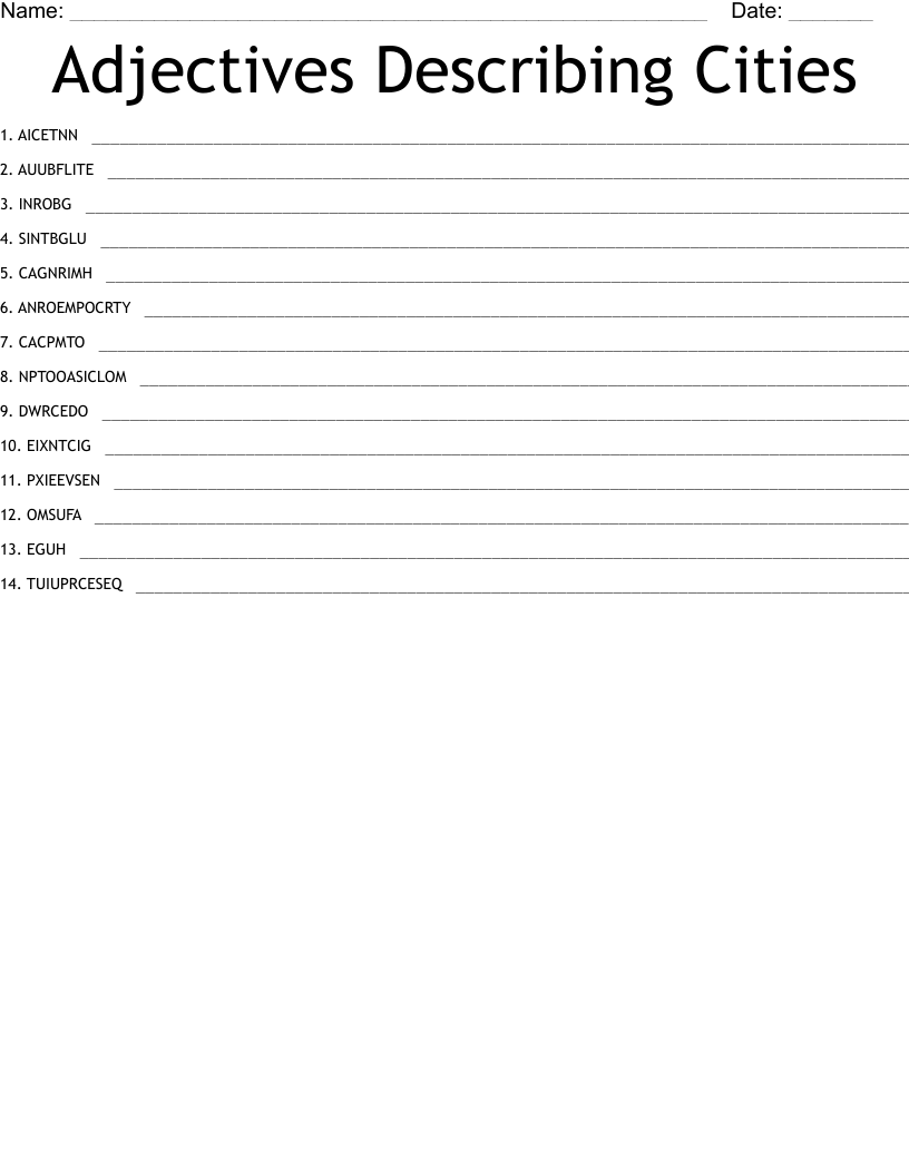 Adjectives Describing Cities Word Scramble