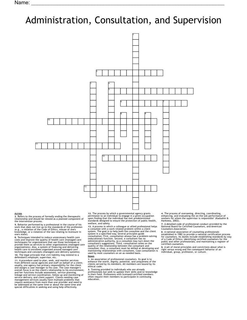 Administration, Consultation, and Supervision Crossword