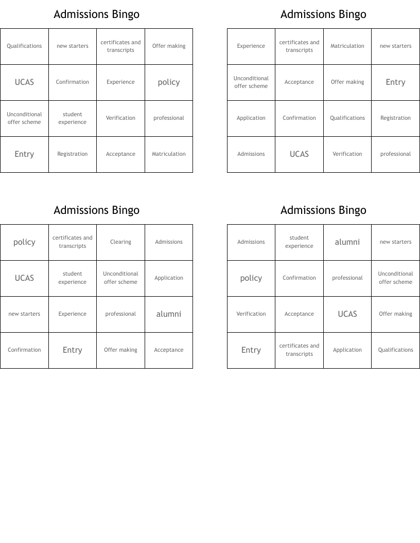 Admissions Bingo
