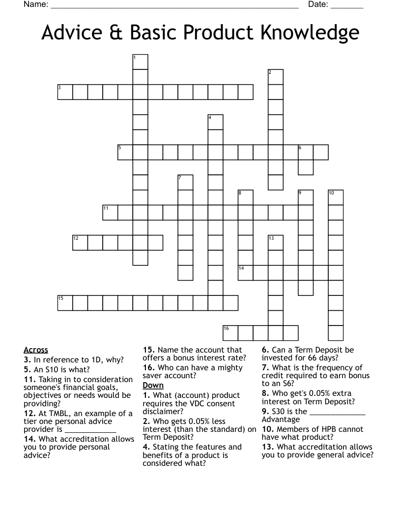 Advice & Basic Product Knowledge Crossword WordMint