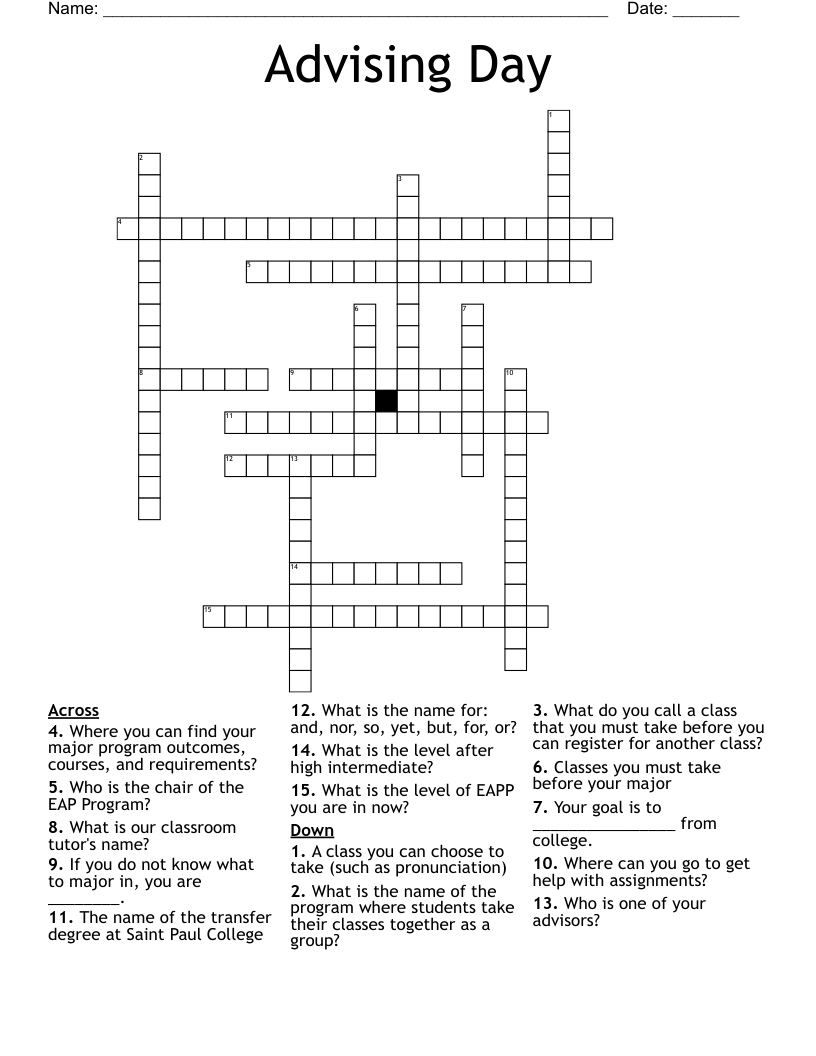 Advising Day  Crossword