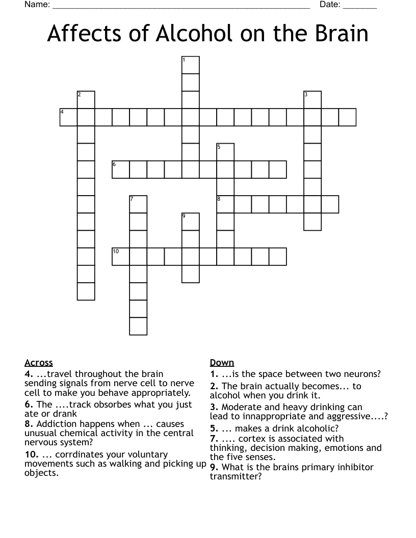 Affects of Alcohol on the Brain  Crossword