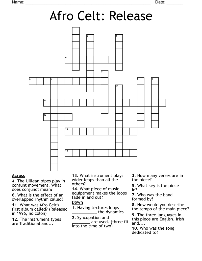 Afro Celt: Release Crossword