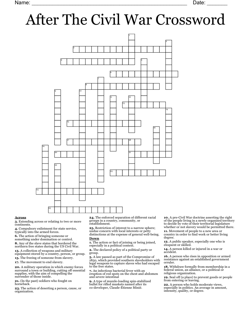 After The Civil War Crossword