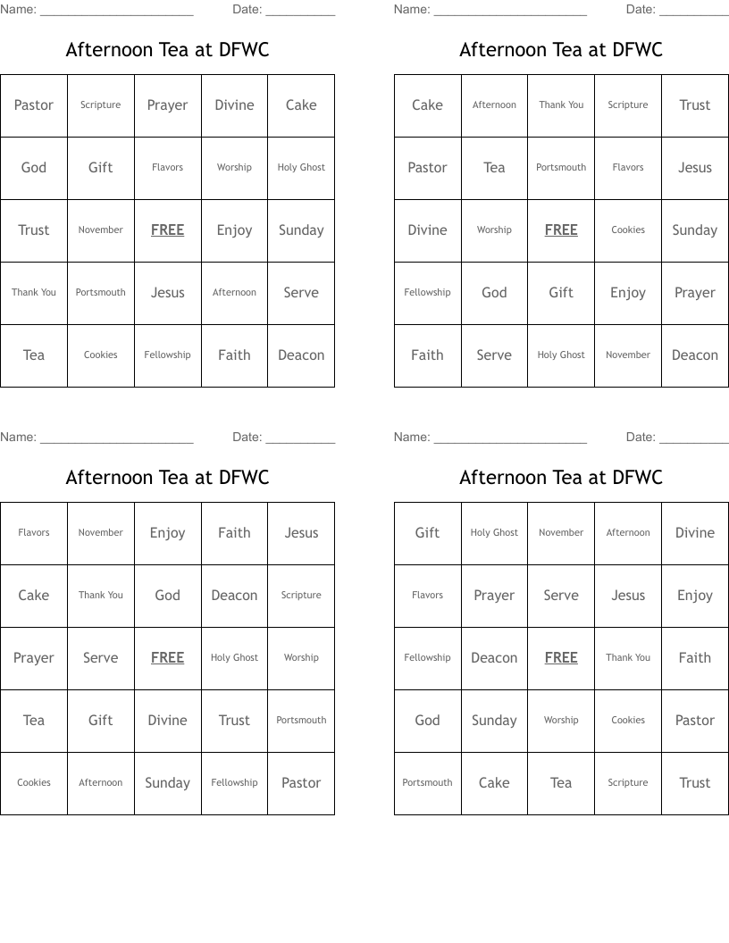 Afternoon Tea at DFWC Bingo Cards