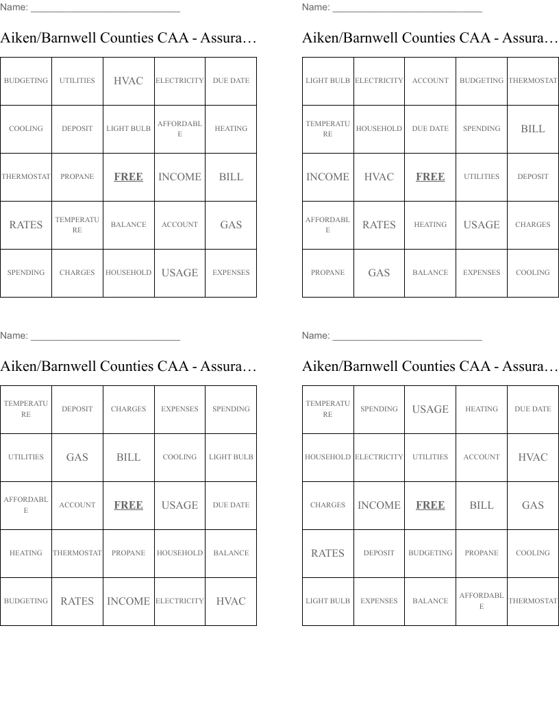 Aiken/Barnwell Counties CAA - Assurance 16 Closeout Session Bingo