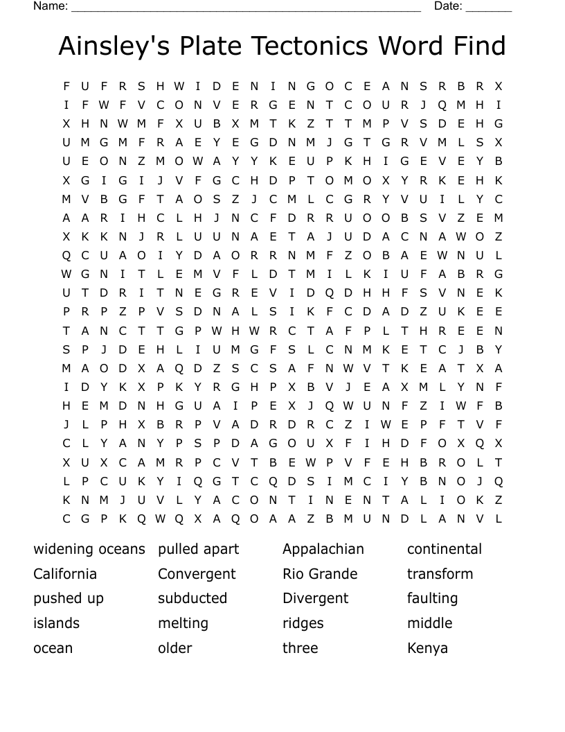 Ainsley's Plate Tectonics Word Find Word Search