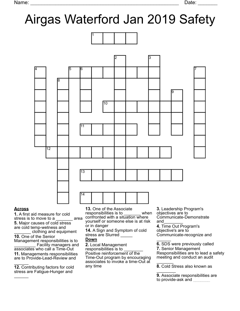 Airgas Waterford Jan 2019 Safety Crossword