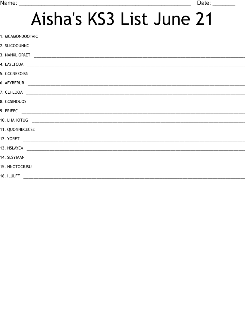 Aisha's KS3 List June 21 Word Scramble