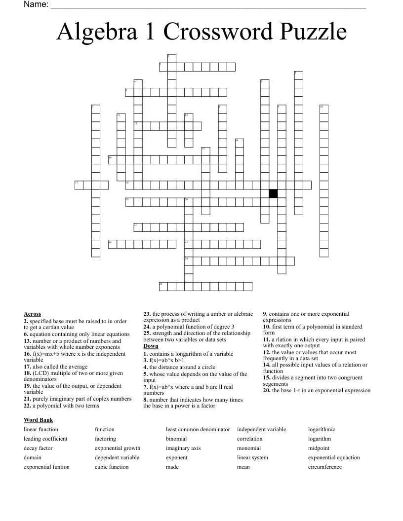Algebra 1 Crossword Puzzle WordMint