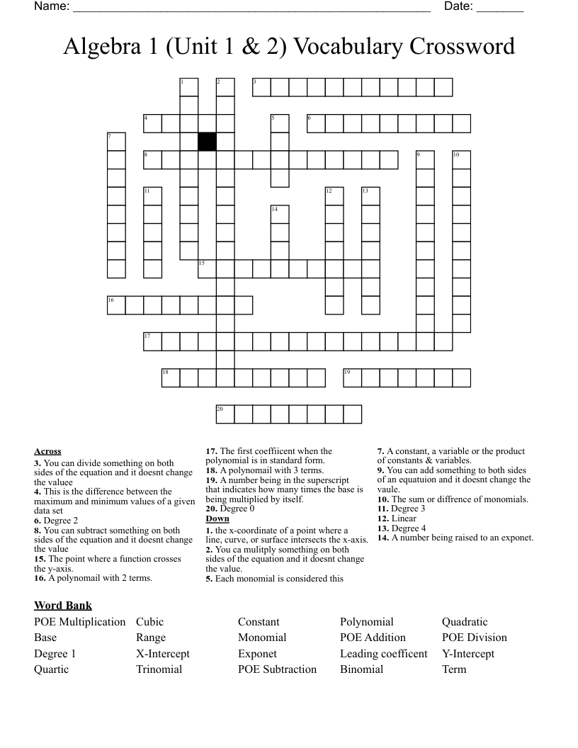 Algebra 1 Unit 1 2 Vocabulary Crossword WordMint
