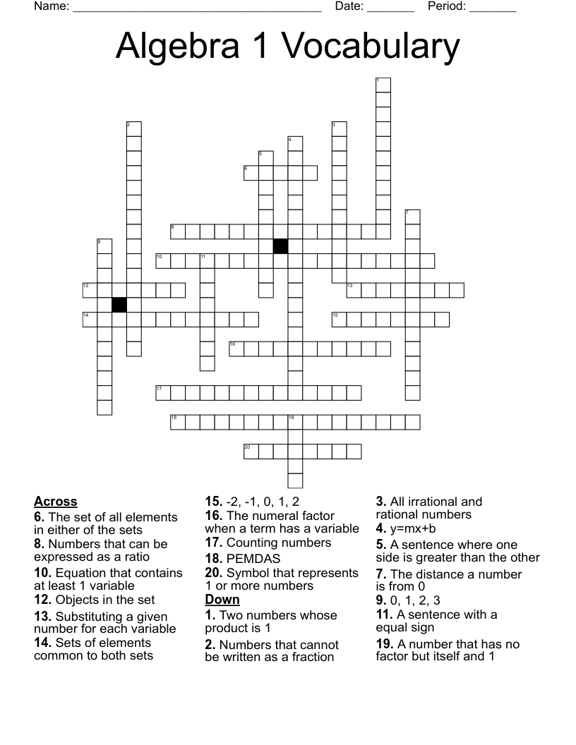 Algebra 1 Vocabulary Crossword WordMint