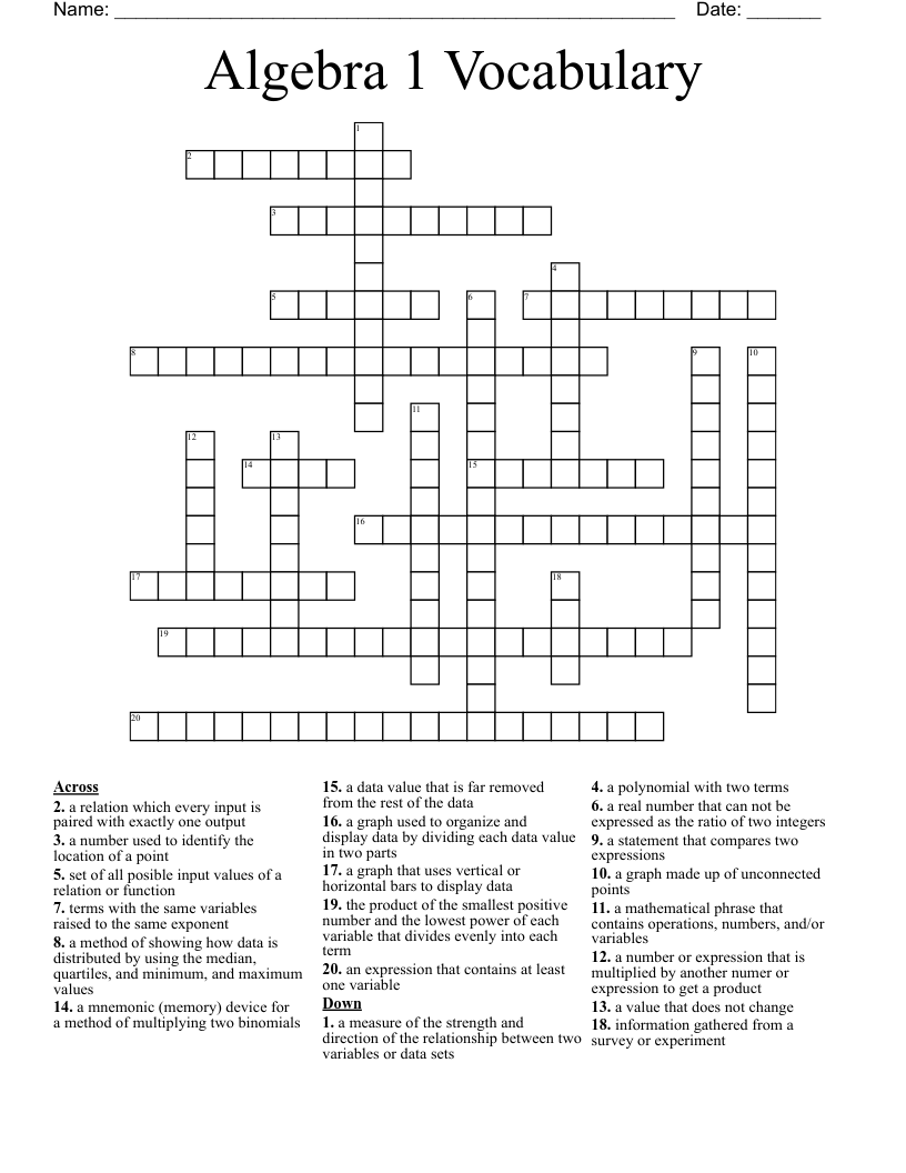 Algebra 1 Vocabulary Crossword WordMint