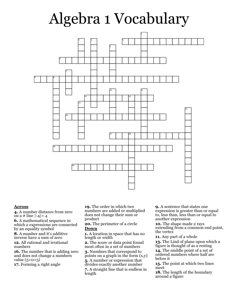 Algebra 1 Vocabulary Crossword WordMint