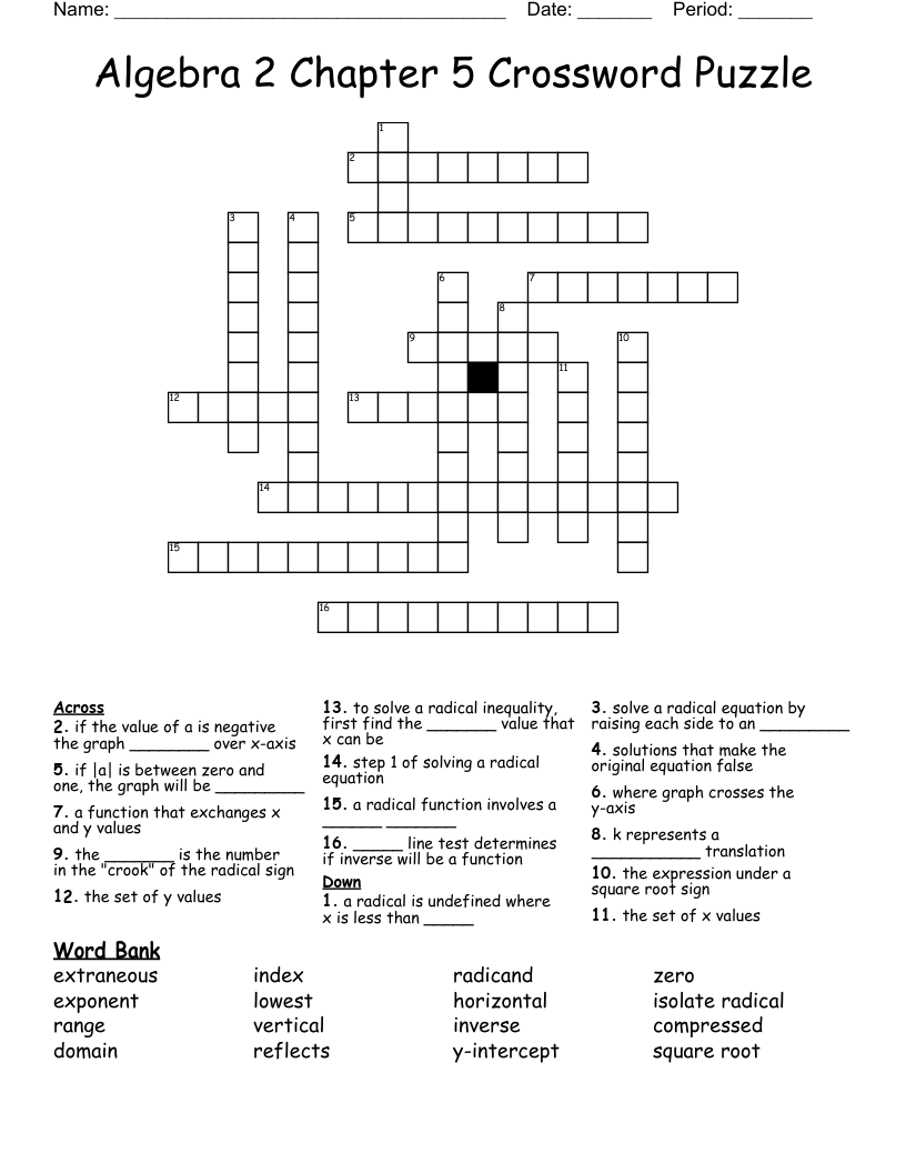 Algebra 2 Chapter 5 Crossword Puzzle WordMint