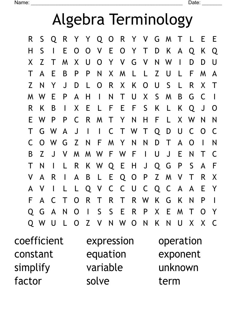 Algebra Terminology Word Search - WordMint