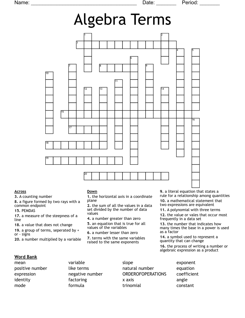 Algebra Terms Crossword