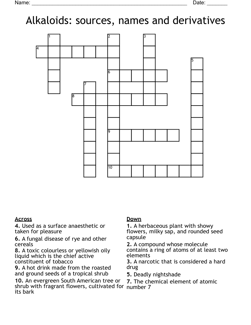 Alkaloids: sources, names and derivatives Crossword