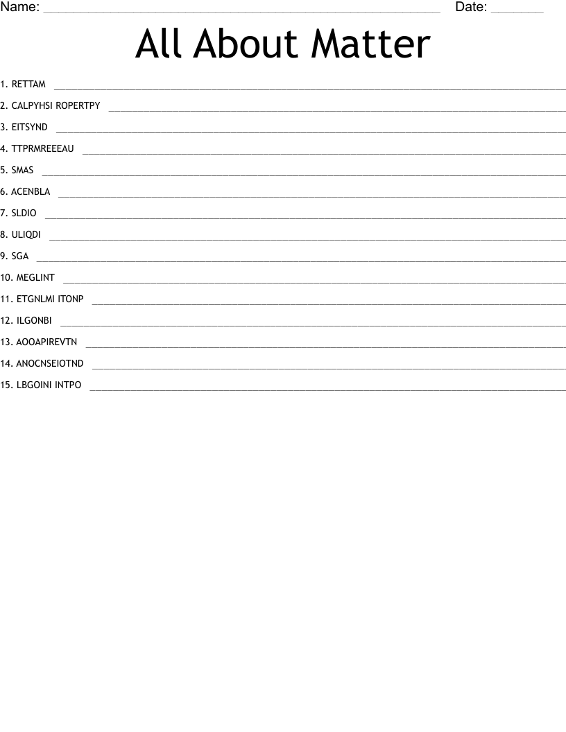 All About Matter Word Scramble