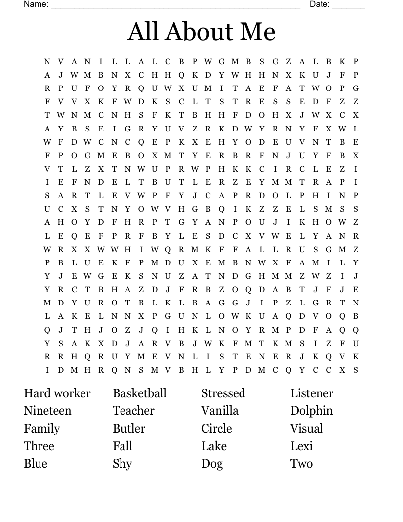All About Me  Word Search