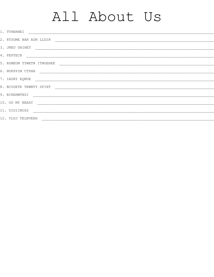 All About Us Word Scramble