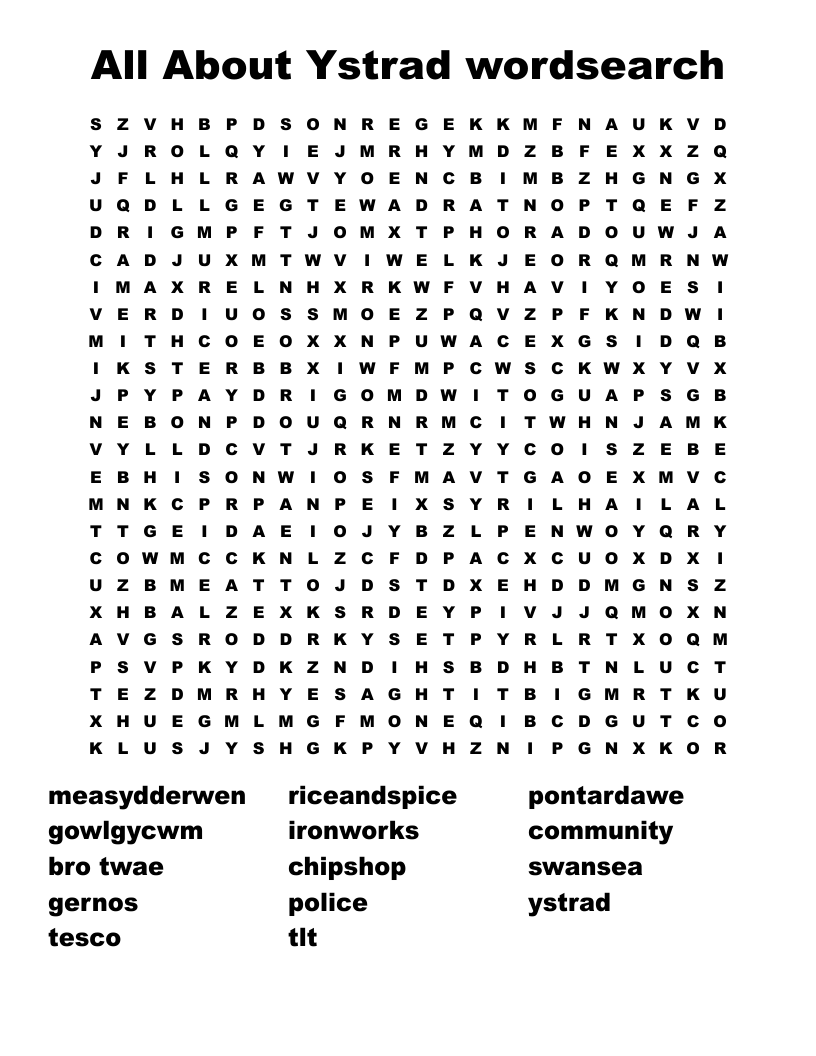 All About Ystrad wordsearch 