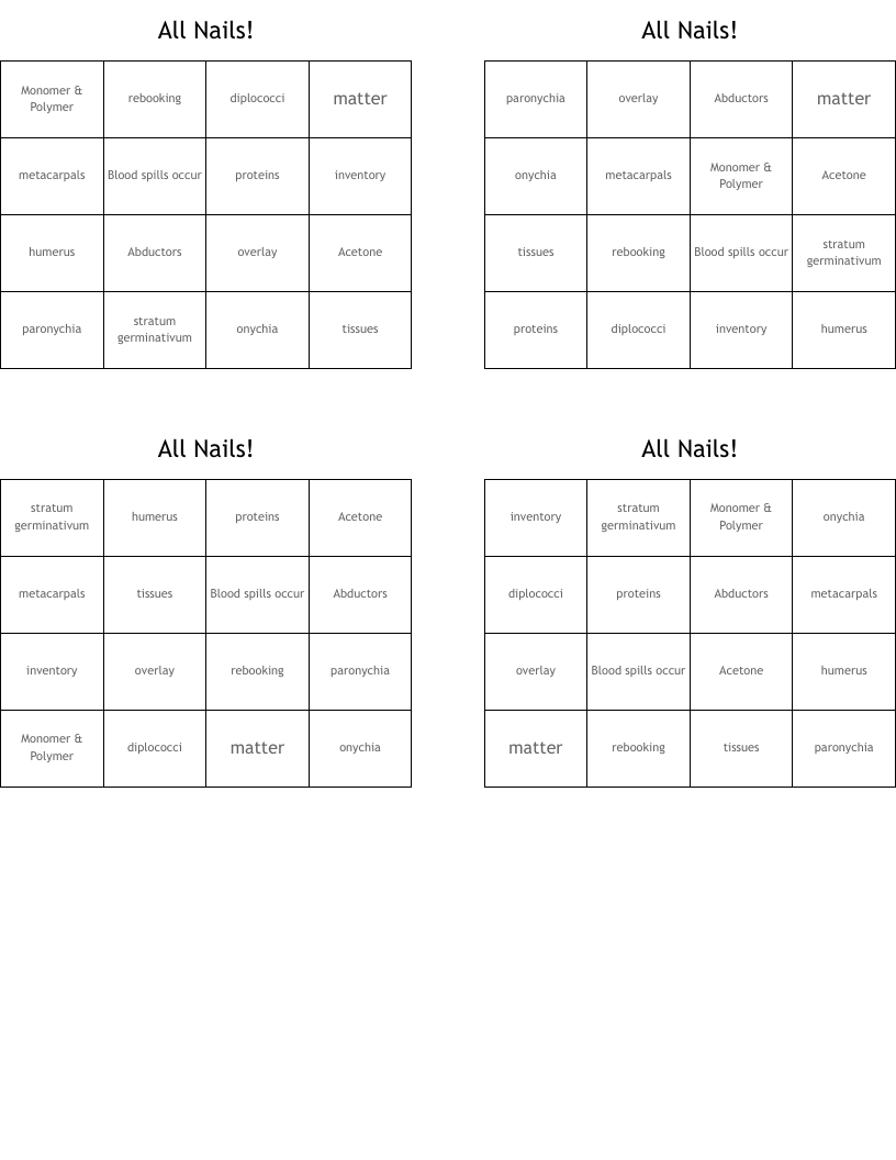 All Nails! Bingo Cards