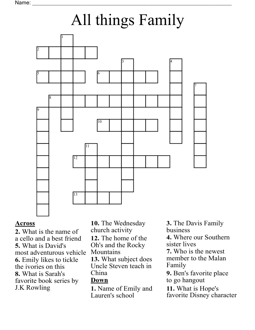All things Family Crossword - WordMint