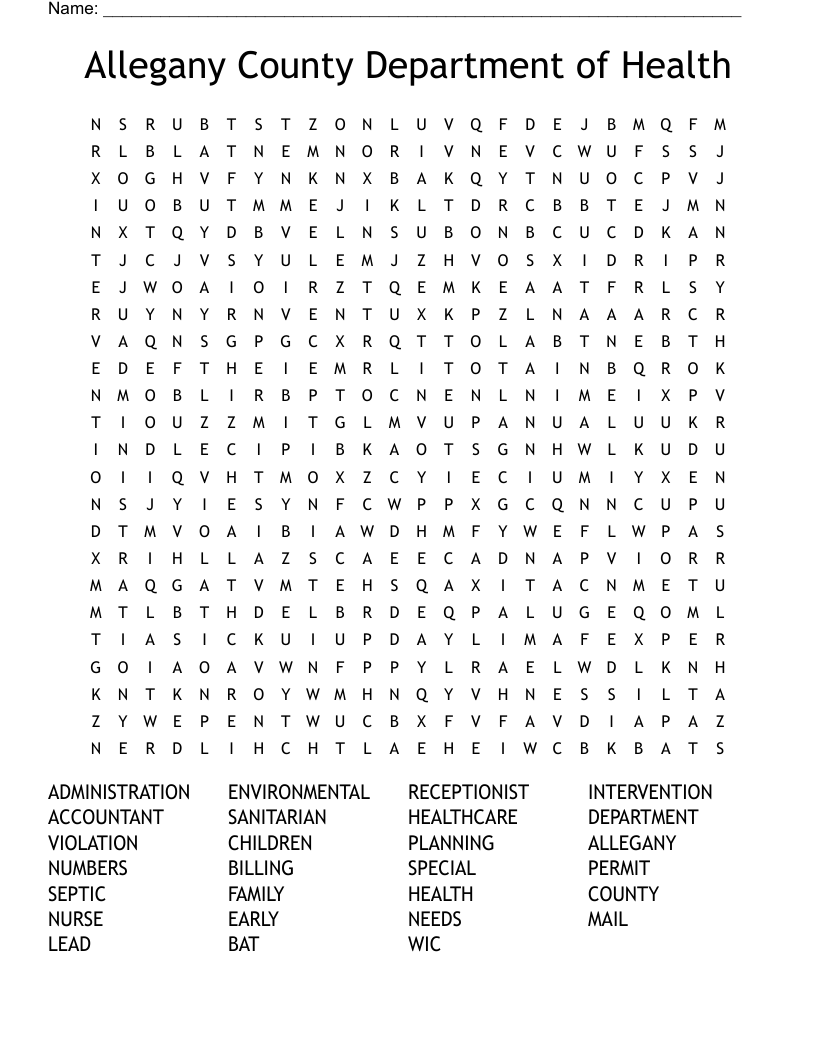 Allegany County Department of Health Word Search