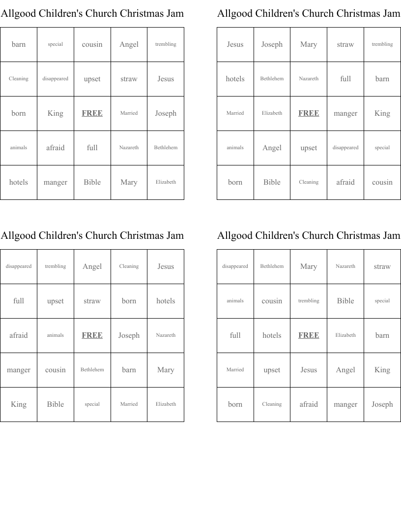 Allgood Children's Church Christmas Jam Bingo Cards